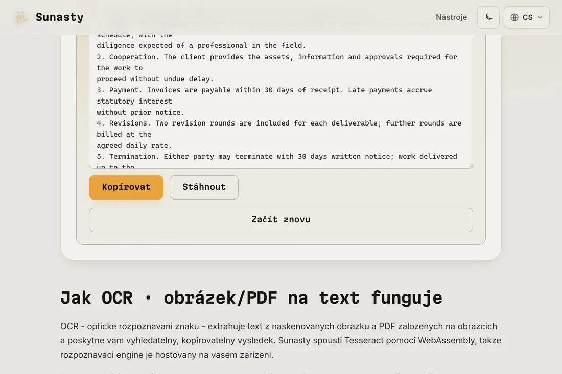 Extrahovaný prostý text ze skenovaného PDF, připravený ke zkopírování a stažení