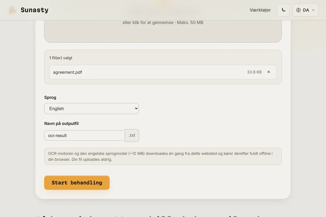 OCR-værktøjet med en scannet PDF indlæst og sprogvælgeren sat til engelsk