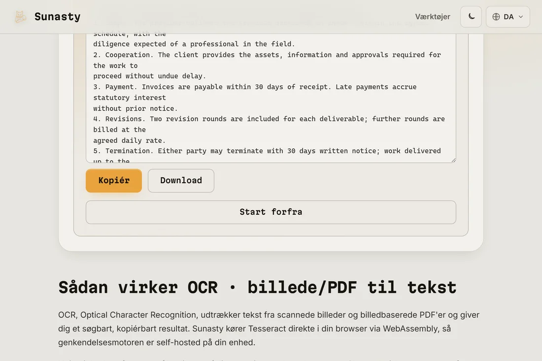Det udtrukne almindelige tekstoutput fra den scannede PDF, klar til at kopiere og hente