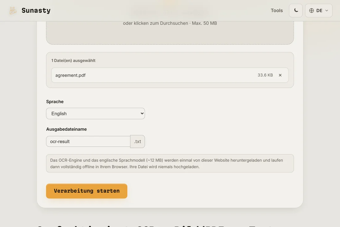 Das OCR-Tool mit geladenem gescanntem PDF und auf Englisch gesetztem Sprachwähler