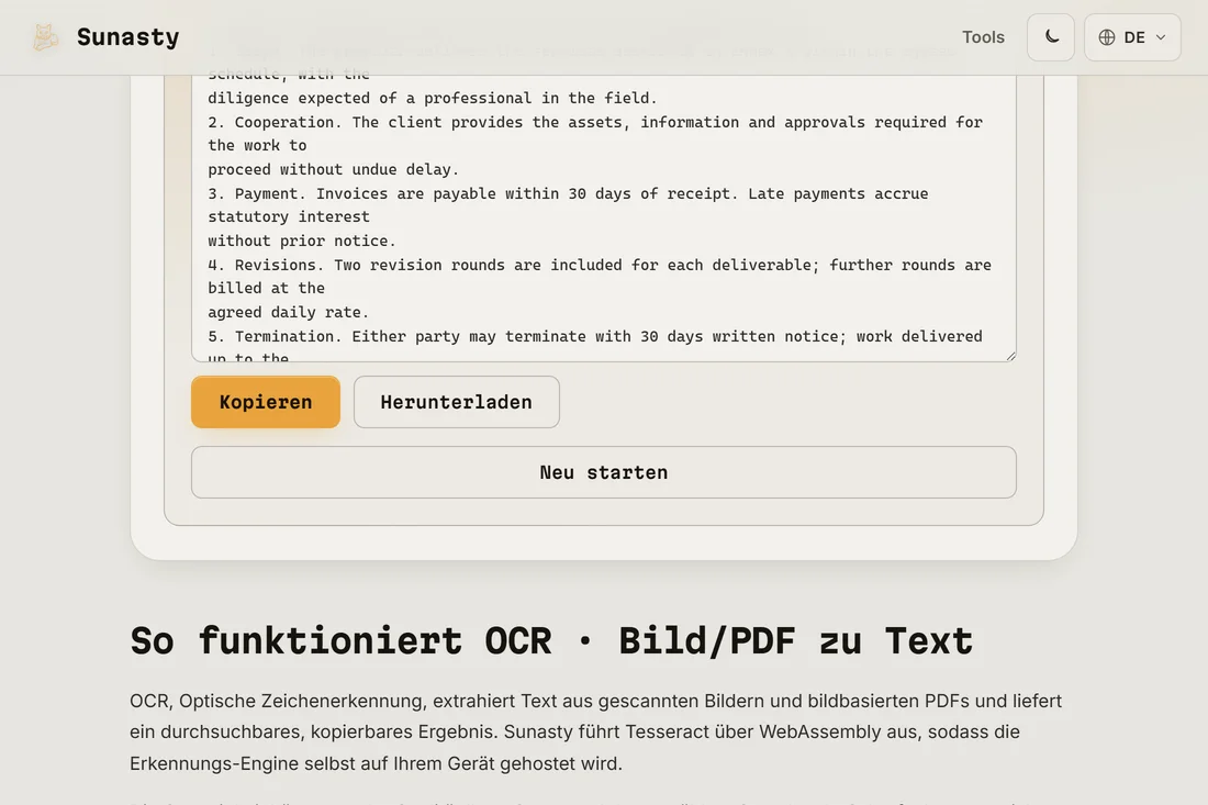 Die extrahierte Textausgabe aus dem gescannten PDF, bereit zum Kopieren und Herunterladen