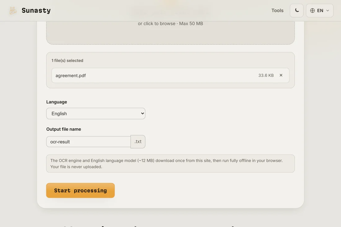 The OCR tool with a scanned PDF loaded and the language selector set to English