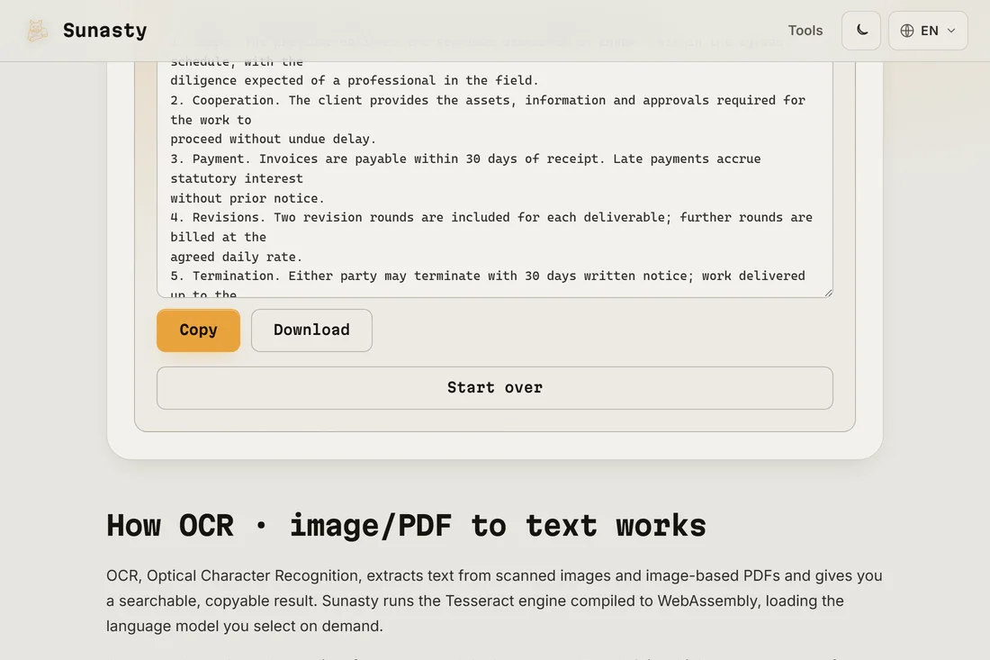 The extracted plain text output from the scanned PDF, ready to copy and download