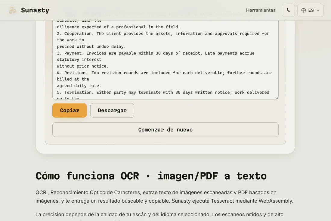 La salida de texto plano extraída del PDF escaneado, lista para copiar y descargar