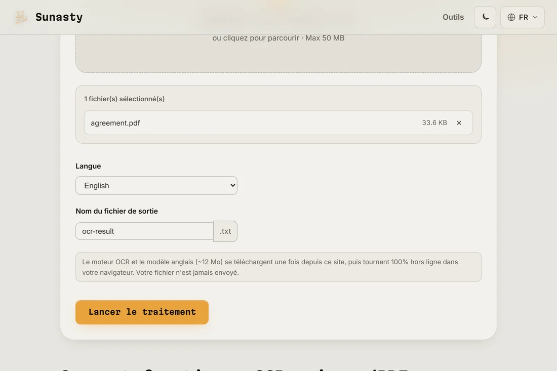 L'outil OCR avec un PDF scanne charge et le selecteur de langue regle sur Francais