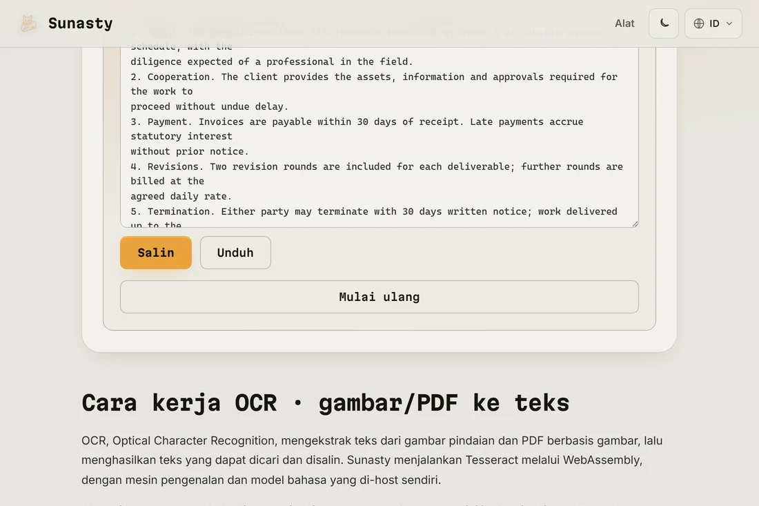 Keluaran teks biasa yang diekstrak dari PDF hasil pindai, siap disalin dan diunduh