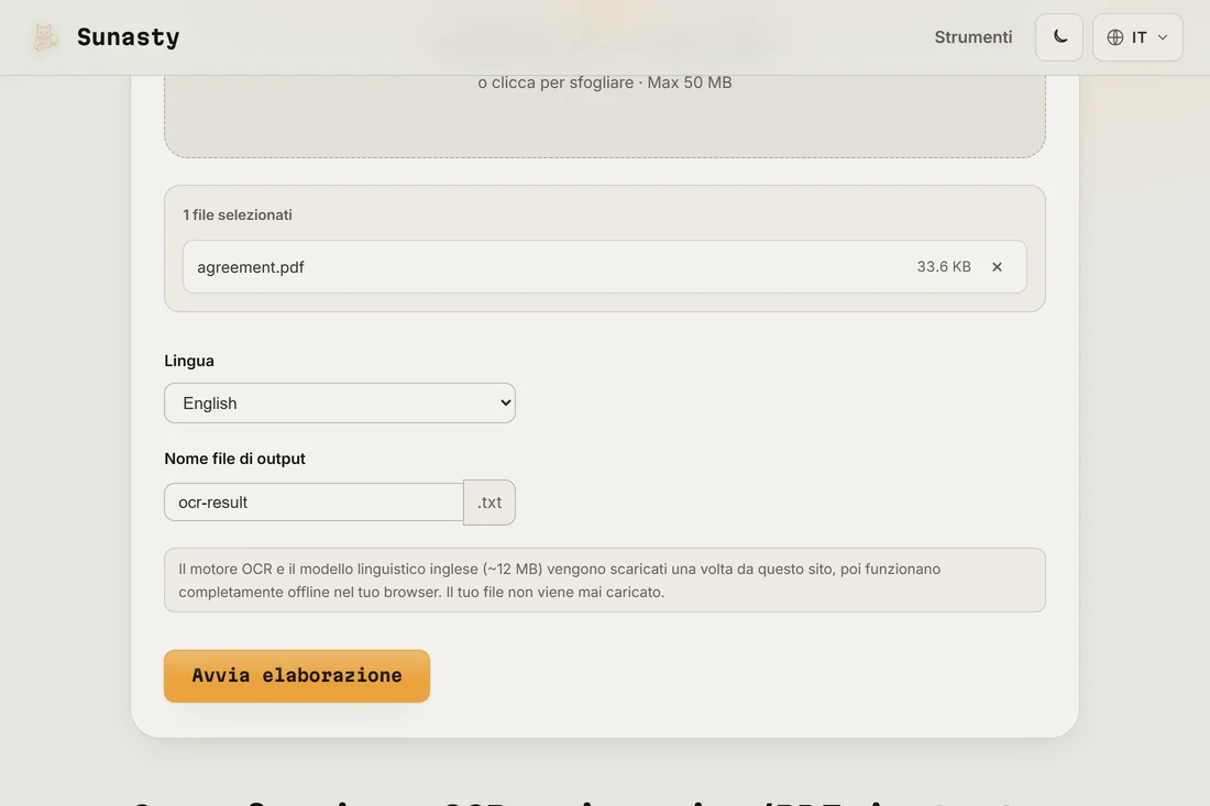 Lo strumento OCR con un PDF scansionato caricato e il selettore di lingua impostato sull'inglese
