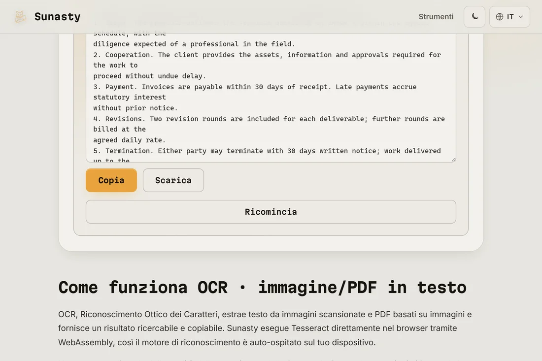 Il testo semplice estratto dal PDF scansionato, pronto da copiare e scaricare