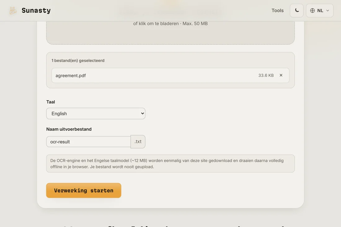 De OCR-tool met een gescande PDF geladen en de taalkiezer ingesteld op Engels
