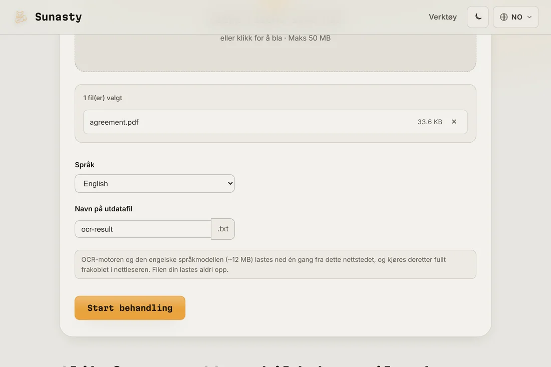 OCR-verktøyet med en skannet PDF lastet inn og språkvelgeren satt til Engelsk