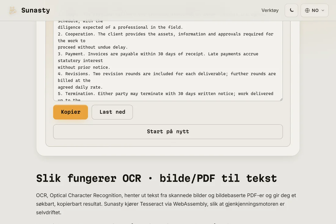 Den uthentede rene tekstutdataen fra den skannede PDF-en, klar til å kopieres og lastes ned