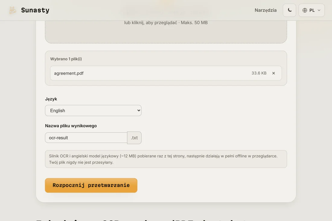 Narzędzie OCR z wczytanym zeskanowanym plikiem PDF i selektorem języka ustawionym na angielski