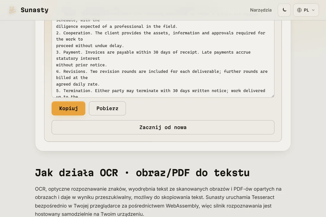 Wyodrębniony zwykły tekst ze zeskanowanego PDF, gotowy do skopiowania i pobrania