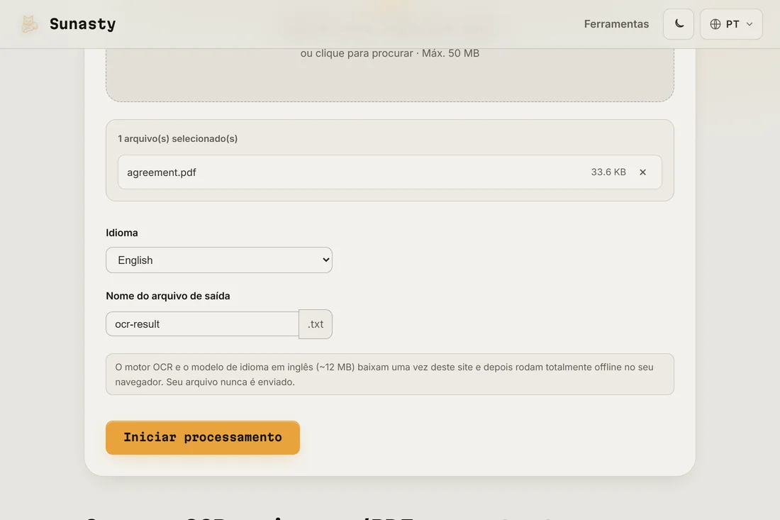 A ferramenta de OCR com um PDF digitalizado carregado e o seletor de idioma definido em Inglês
