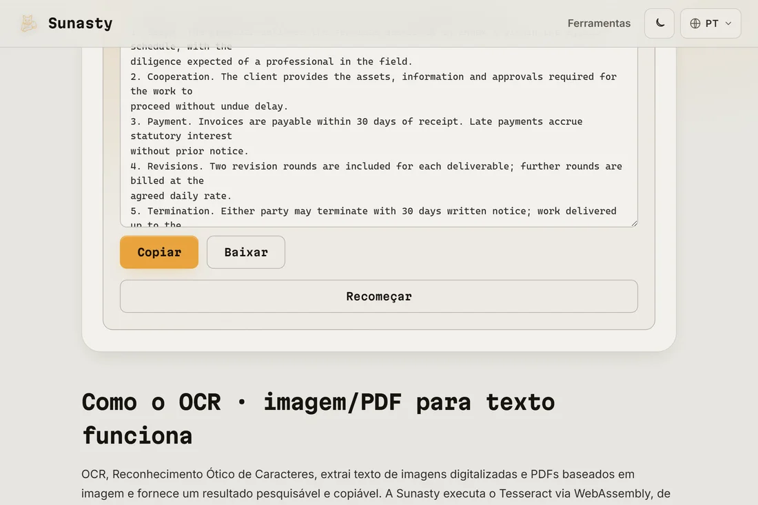 A saída de texto simples extraída do PDF digitalizado, pronta para copiar e baixar