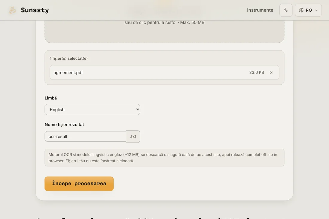 Instrumentul OCR cu un PDF scanat incarcat si selectorul de limba setat pe engleza