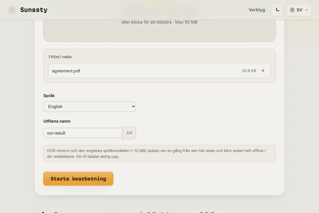 OCR-verktyget med en skannad PDF inläst och språkväljaren inställd på engelska