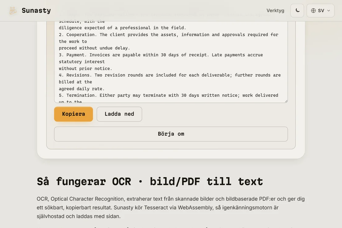 Den extraherade vanliga textutdatan från den skannade PDF-filen, redo att kopieras och laddas ner