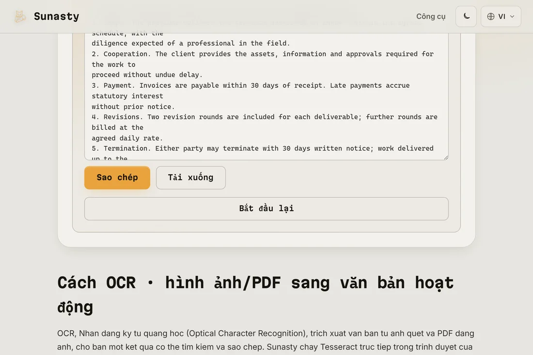 Đầu ra văn bản thuần được trích xuất từ PDF đã quét, sẵn sàng để sao chép và tải xuống