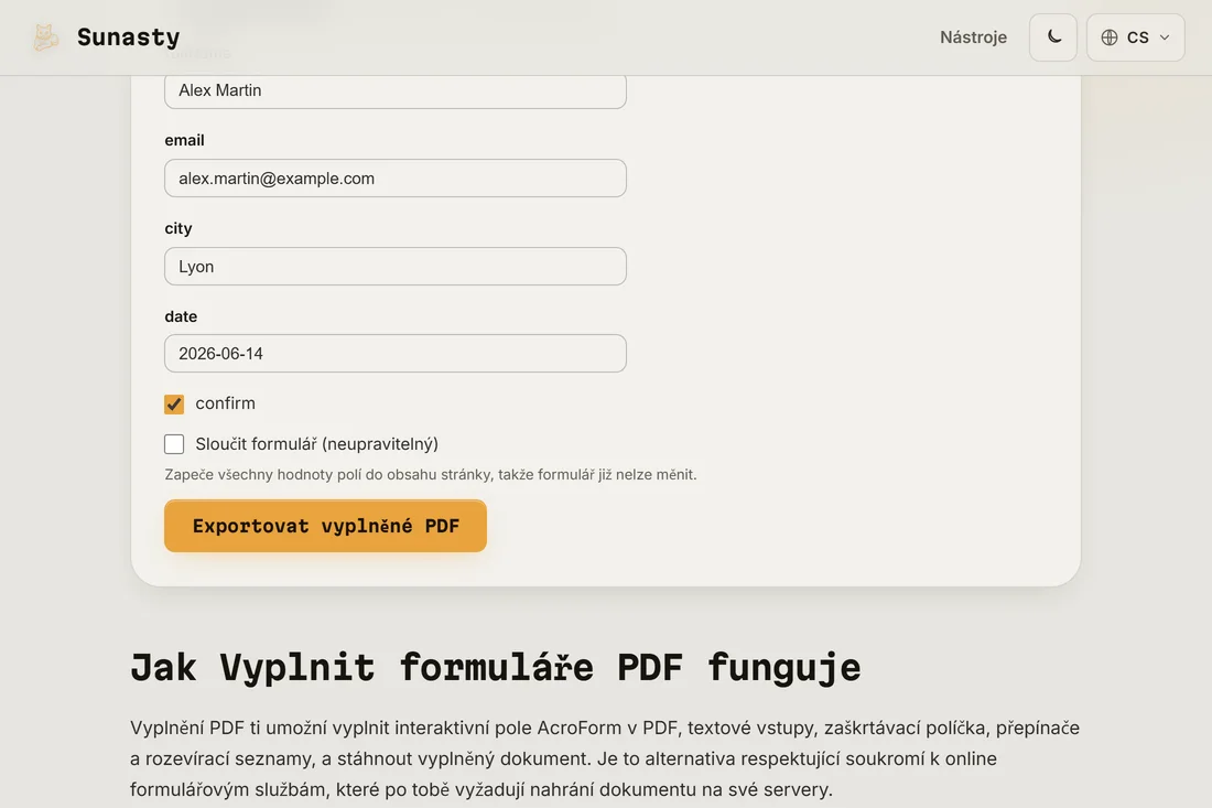 Nástroj pro vyplňování formulářů PDF s načteným daňovým formulářem, zvýrazněnými interaktivními poli a prvním polem, do kterého se právě píše