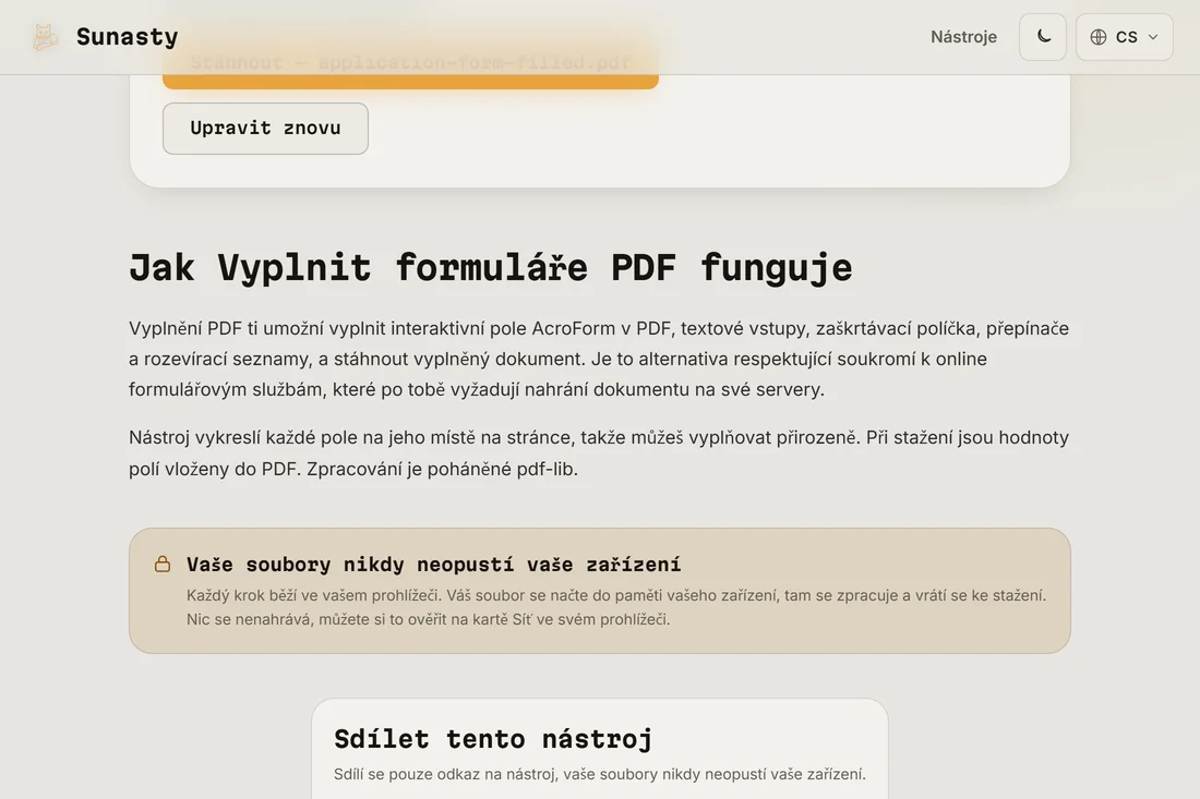 Dokončený formulář PDF připravený ke stažení se všemi vyplněnými poli a přidaným podpisem