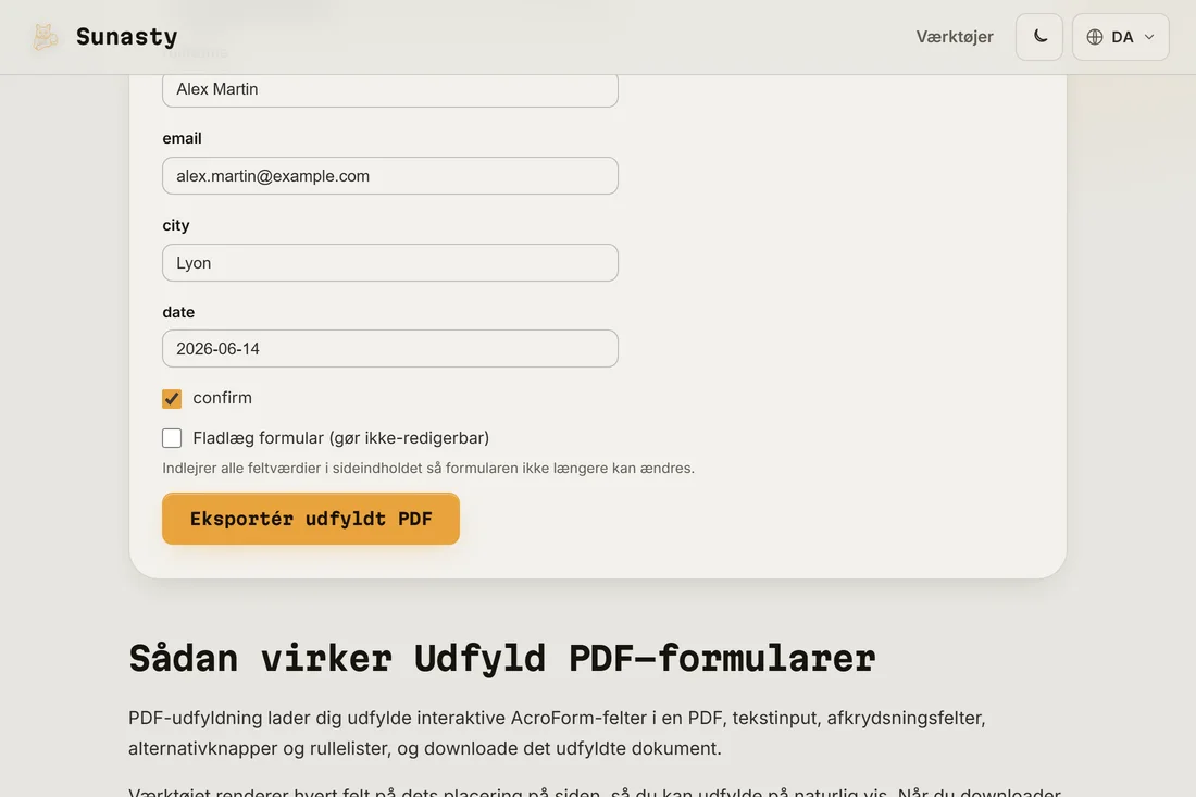PDF-formularudfylderen med en skatteformular indlæst, interaktive felter fremhævet og det første felt under indtastning