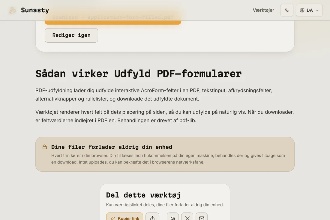 Den udfyldte PDF-formular klar til download med alle felter udfyldt og en underskrift tilføjet