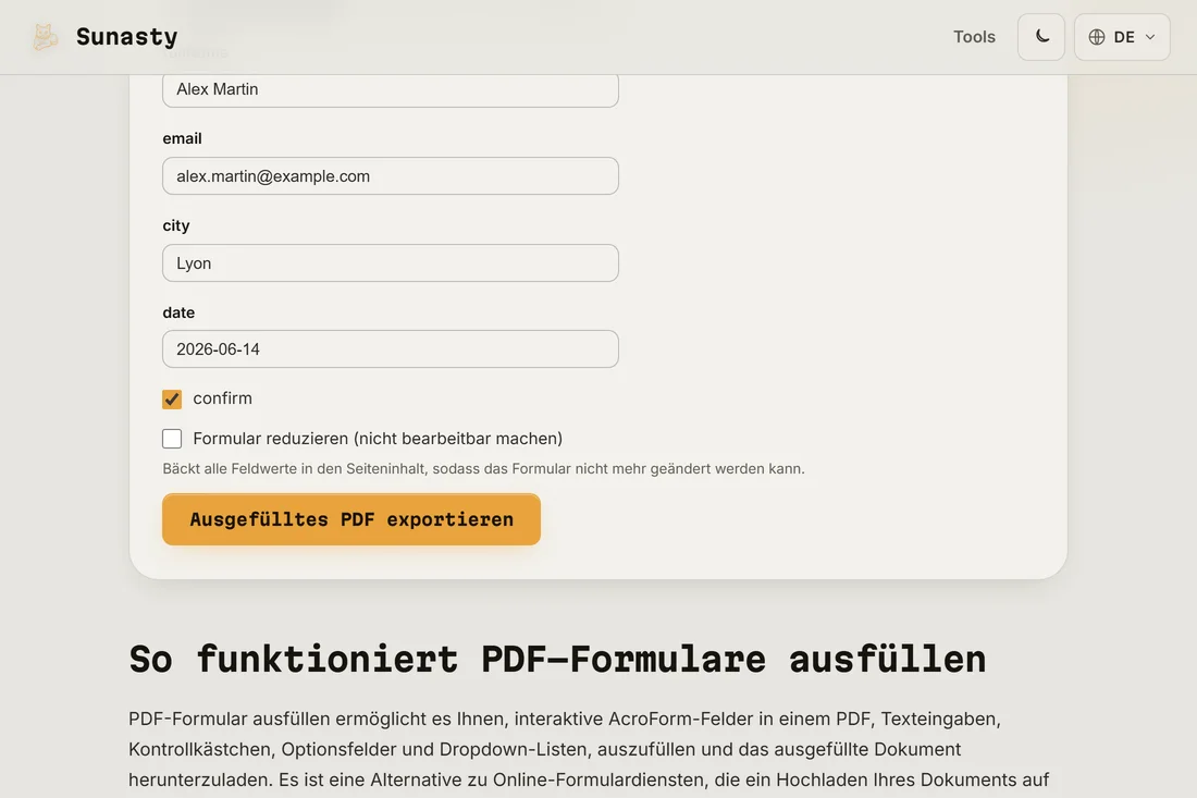 Das PDF-Formularausfüllwerkzeug mit einem geladenen Steuerformular, hervorgehobenen interaktiven Feldern und dem ersten Feld in Bearbeitung