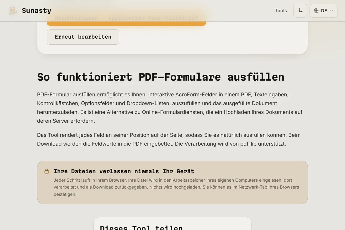 Das fertige PDF-Formular bereit zum Download mit allen ausgefüllten Feldern und einer hinzugefügten Unterschrift