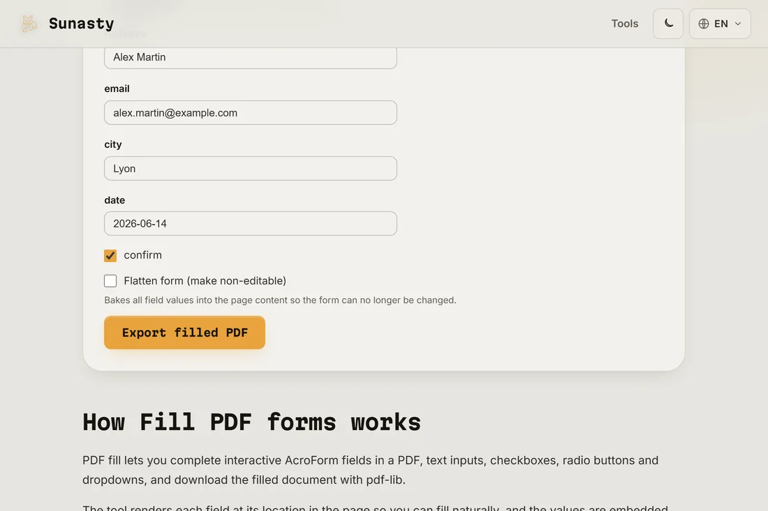 The PDF form filler with a tax form loaded, interactive fields highlighted and the first field being typed into