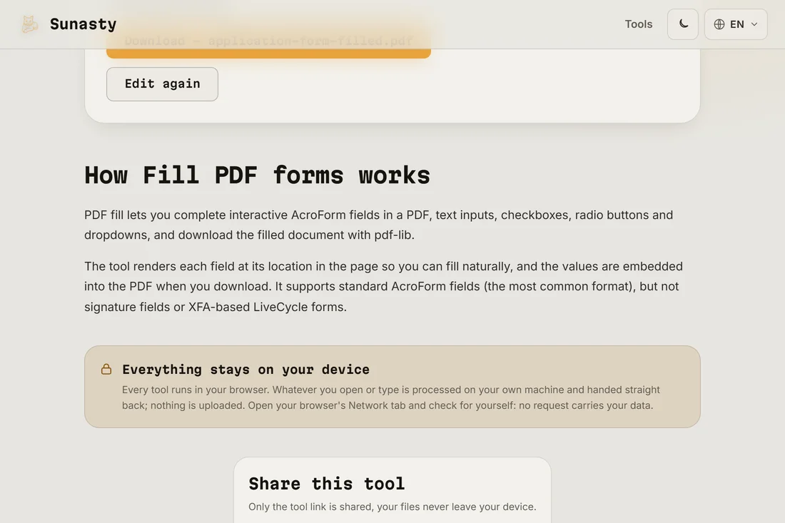 The completed PDF form ready to download with all fields filled and a signature added