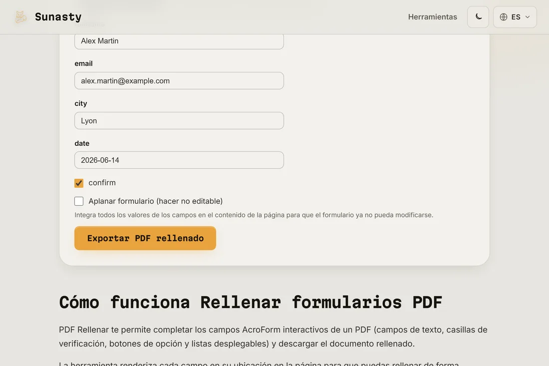 El rellenador de formularios PDF con un impreso fiscal cargado, los campos interactivos resaltados y el primer campo en proceso de escritura