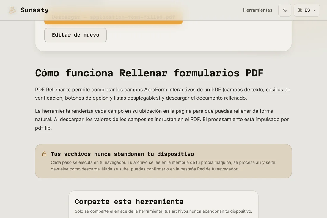 El formulario PDF completado listo para descargar con todos los campos rellenos y una firma añadida