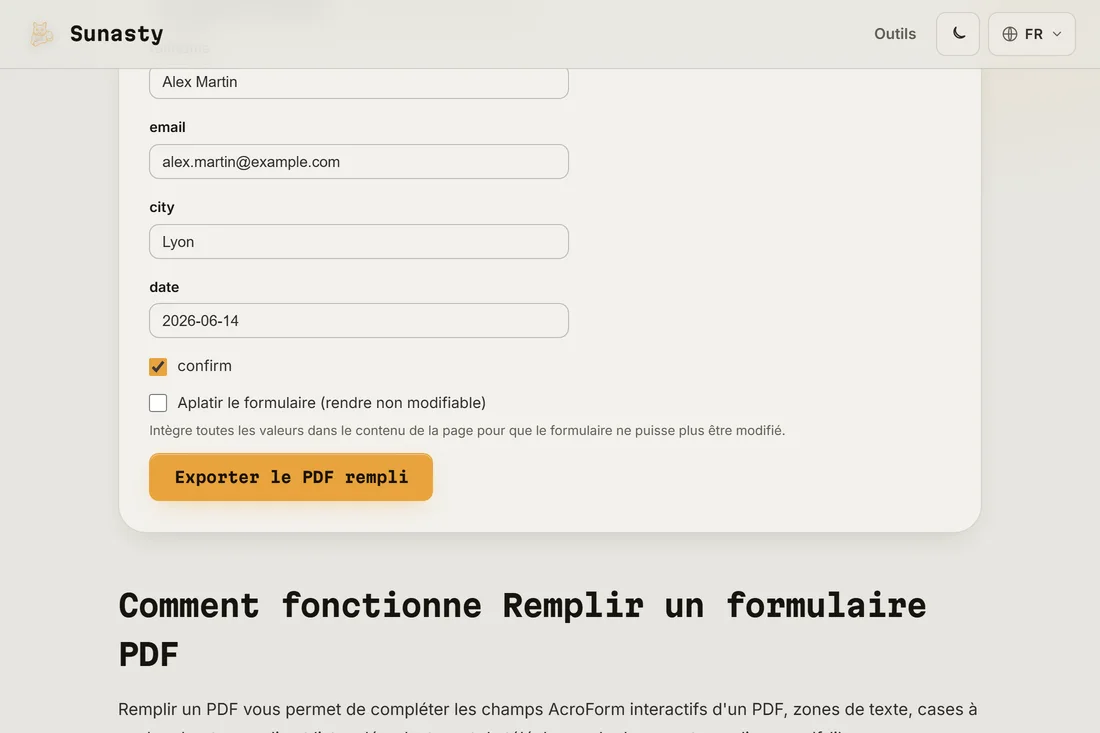 Le remplisseur de formulaire PDF avec un formulaire fiscal chargé, les champs interactifs surlignés et le premier champ en cours de saisie