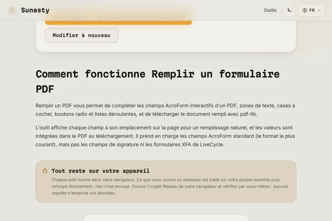 Le formulaire PDF complété prêt au téléchargement avec tous les champs remplis et une signature ajoutée