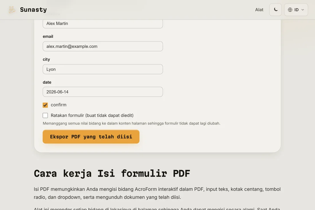 Pengisi formulir PDF dengan formulir pajak dimuat, kolom interaktif tersorot, dan kolom pertama sedang diketik