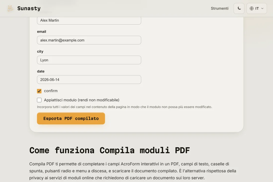 Lo strumento di compilazione moduli PDF con un modulo fiscale caricato, i campi interattivi evidenziati e il primo campo in fase di compilazione