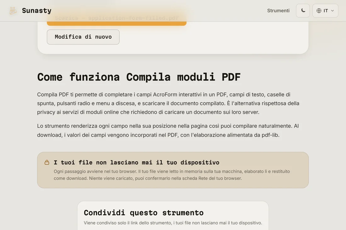 Il modulo PDF completato pronto per il download con tutti i campi compilati e una firma aggiunta