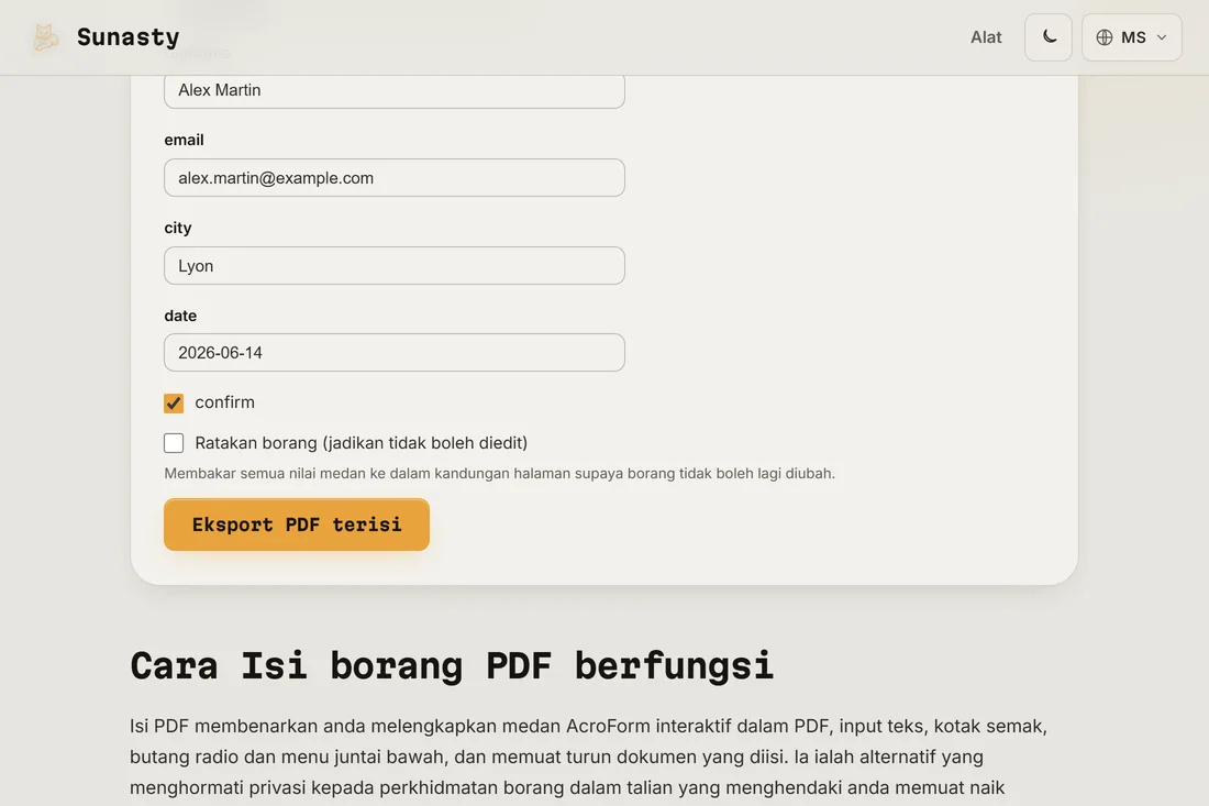 Pengisi borang PDF dengan borang cukai dimuatkan, medan interaktif diserlahkan dan medan pertama sedang ditaip