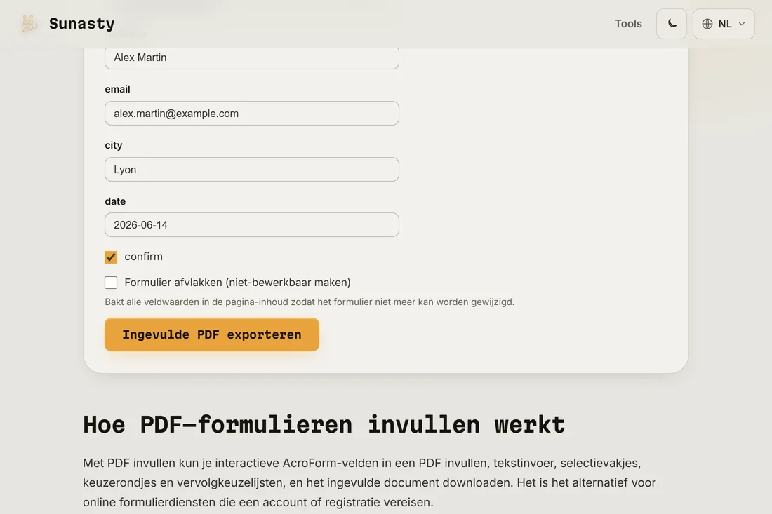 De PDF-formulierinvuller met een belastingformulier geladen, interactieve velden gemarkeerd en het eerste veld dat wordt ingetypt