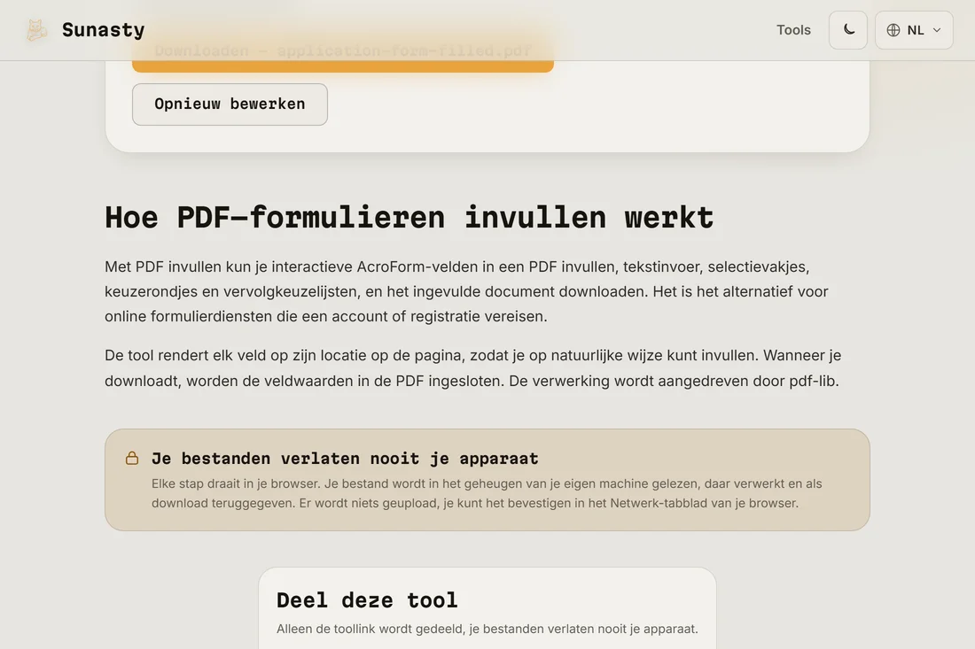 Het ingevulde PDF-formulier klaar om te downloaden, met alle velden ingevuld en een handtekening toegevoegd