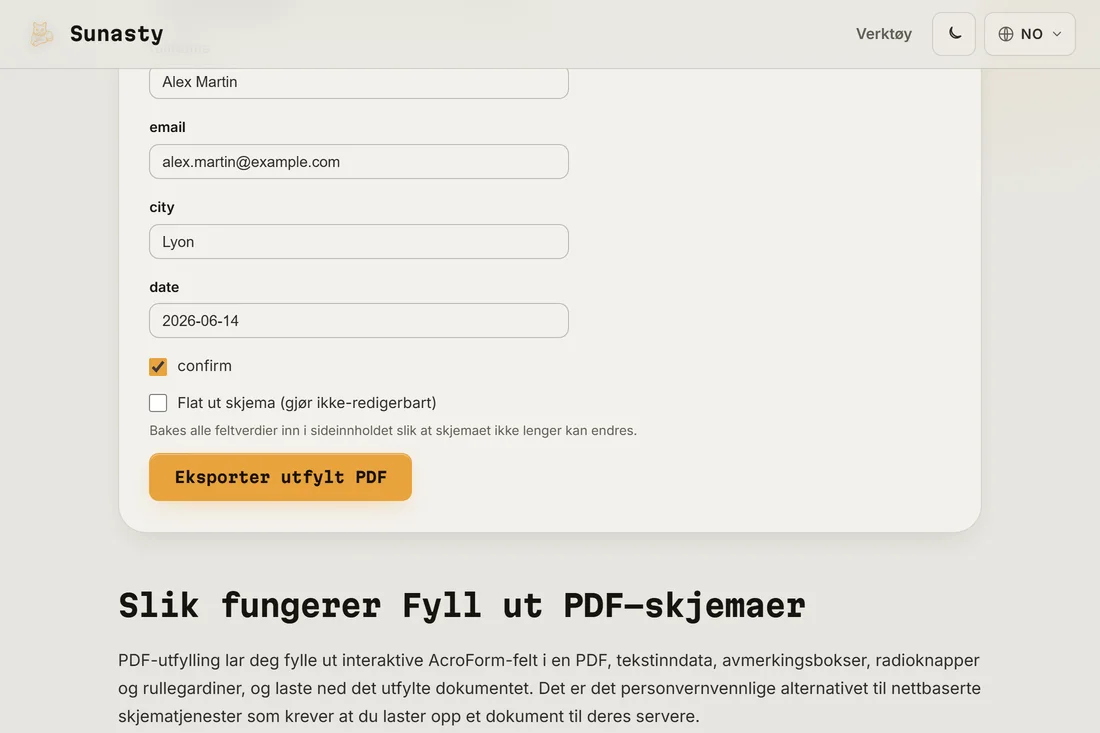 PDF-skjemautfyllingen med et selvangivelsesskjema lastet inn, interaktive felt uthevet og det første feltet under utfylling