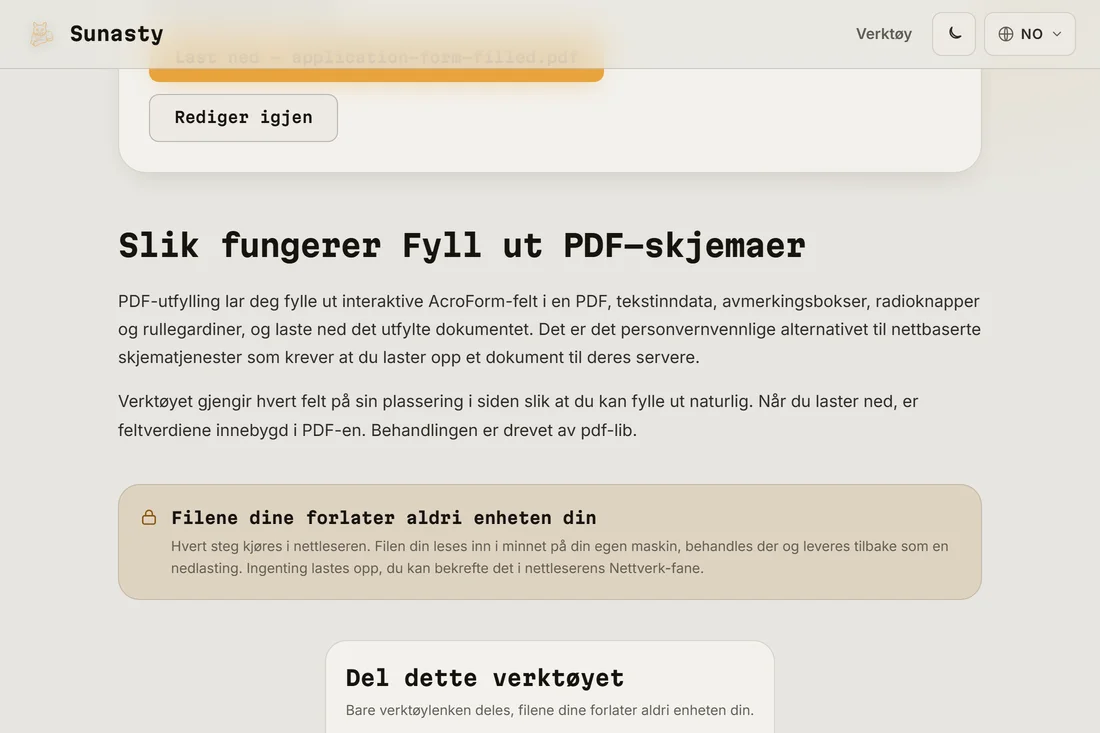 Det utfylte PDF-skjemaet klart til nedlasting med alle felt fylt ut og en signatur lagt til