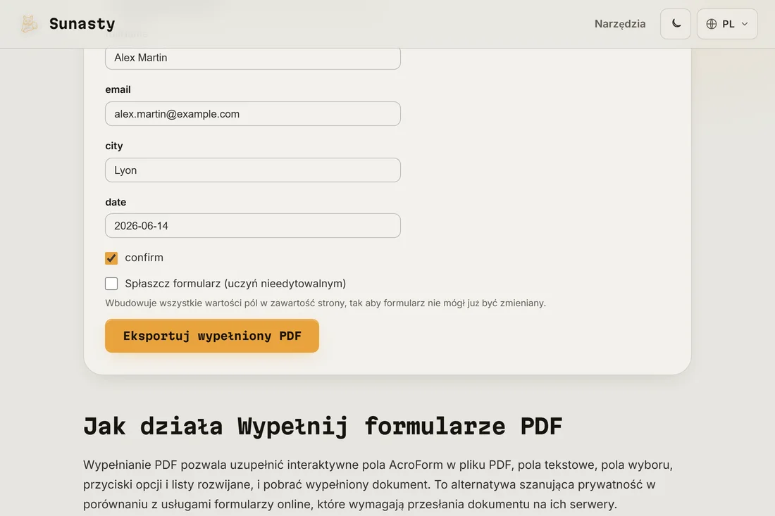 Narzędzie do wypełniania formularzy PDF z wczytanym formularzem podatkowym, podświetlonymi polami interaktywnymi i pierwszym polem w trakcie wpisywania