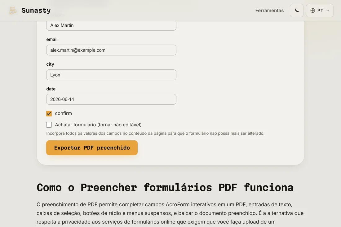 O preenchedor de formulário PDF com um formulário de imposto carregado, campos interativos destacados e o primeiro campo sendo digitado