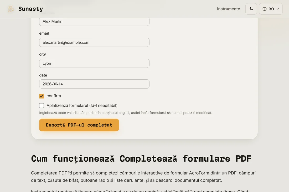 Instrumentul de completare a formularelor PDF cu un formular fiscal încărcat, câmpurile interactive evidențiate și primul câmp în curs de completare
