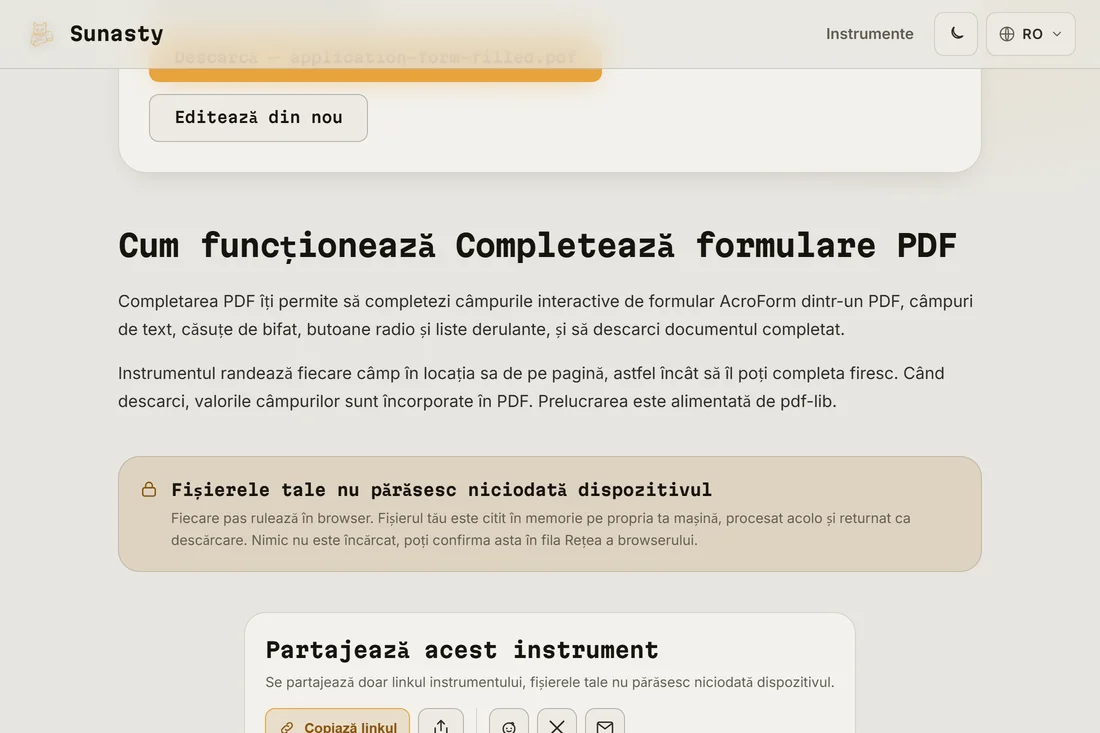 Formularul PDF finalizat gata de descărcat, cu toate câmpurile completate și o semnătură adăugată