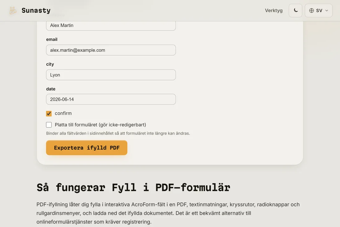 PDF-formulärifyllaren med en skatteblankett inläst, interaktiva fält markerade och det första fältet under inskrivning
