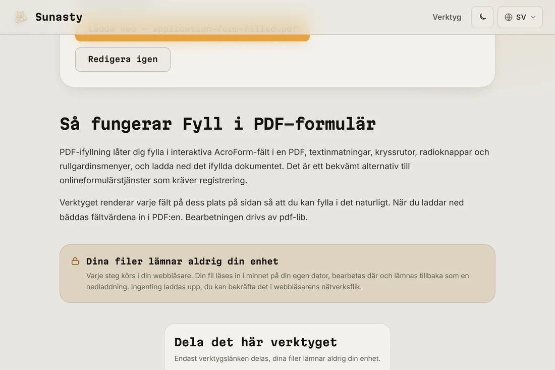 Det ifyllda PDF-formuläret redo att laddas ner med alla fält ifyllda och en signatur tillagd