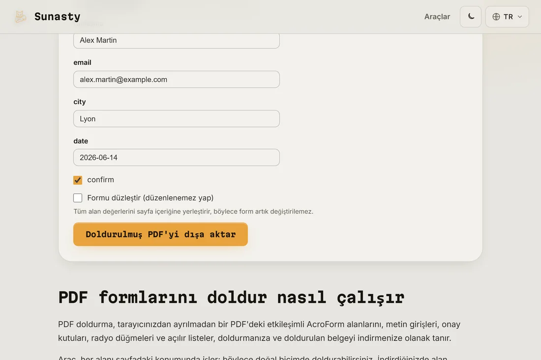 Bir vergi formu yüklenmiş, etkileşimli alanlar vurgulanmış ve ilk alana yazılmakta olan PDF form doldurucu